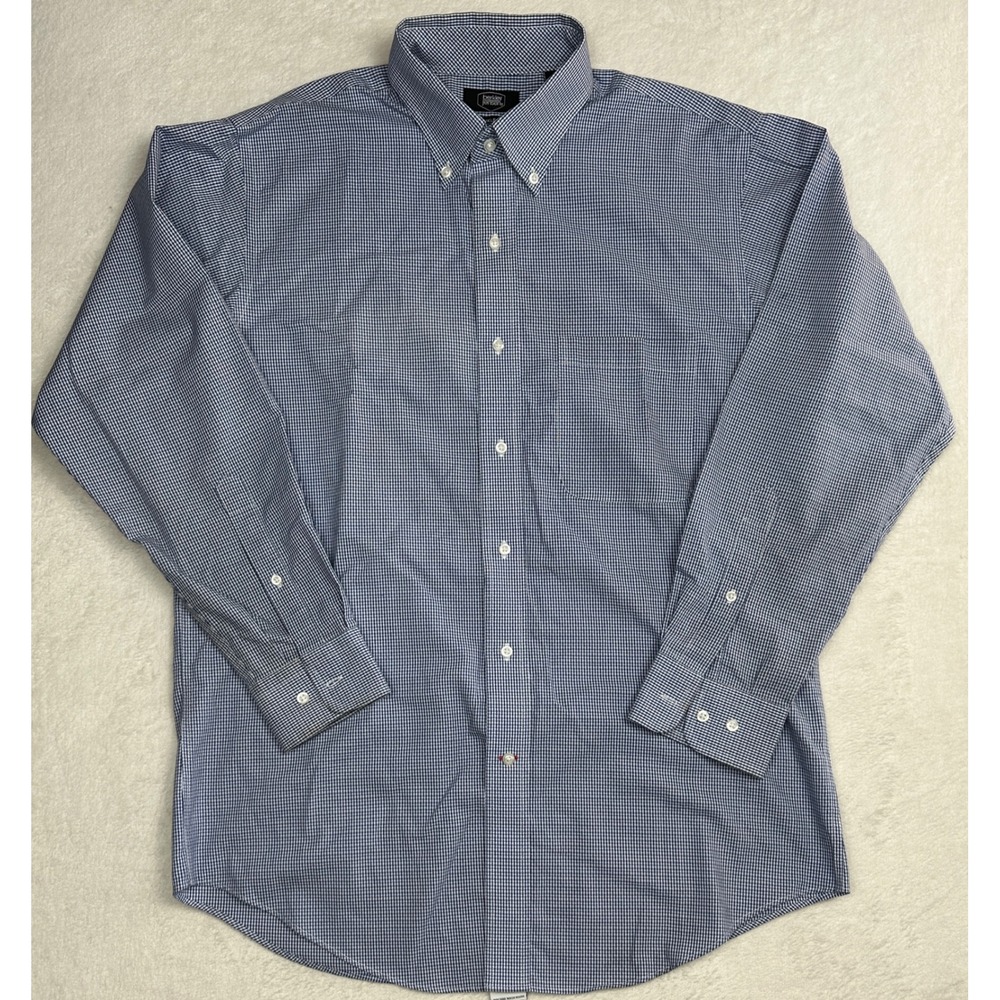 Berkley Jensen Mens Blue White Micro Check Wrinkle Free Cotton Shirt M 15-15.5